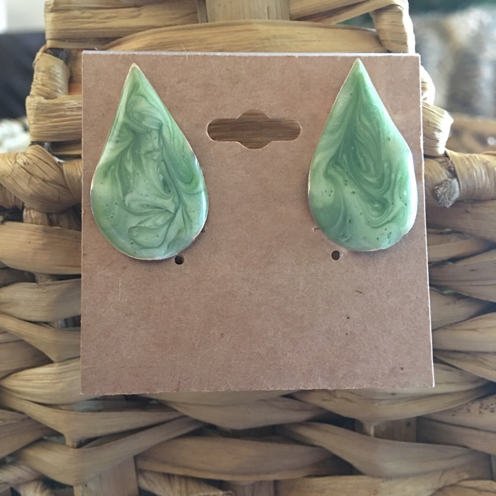 Vintage green enamel tear drop clip on earrings